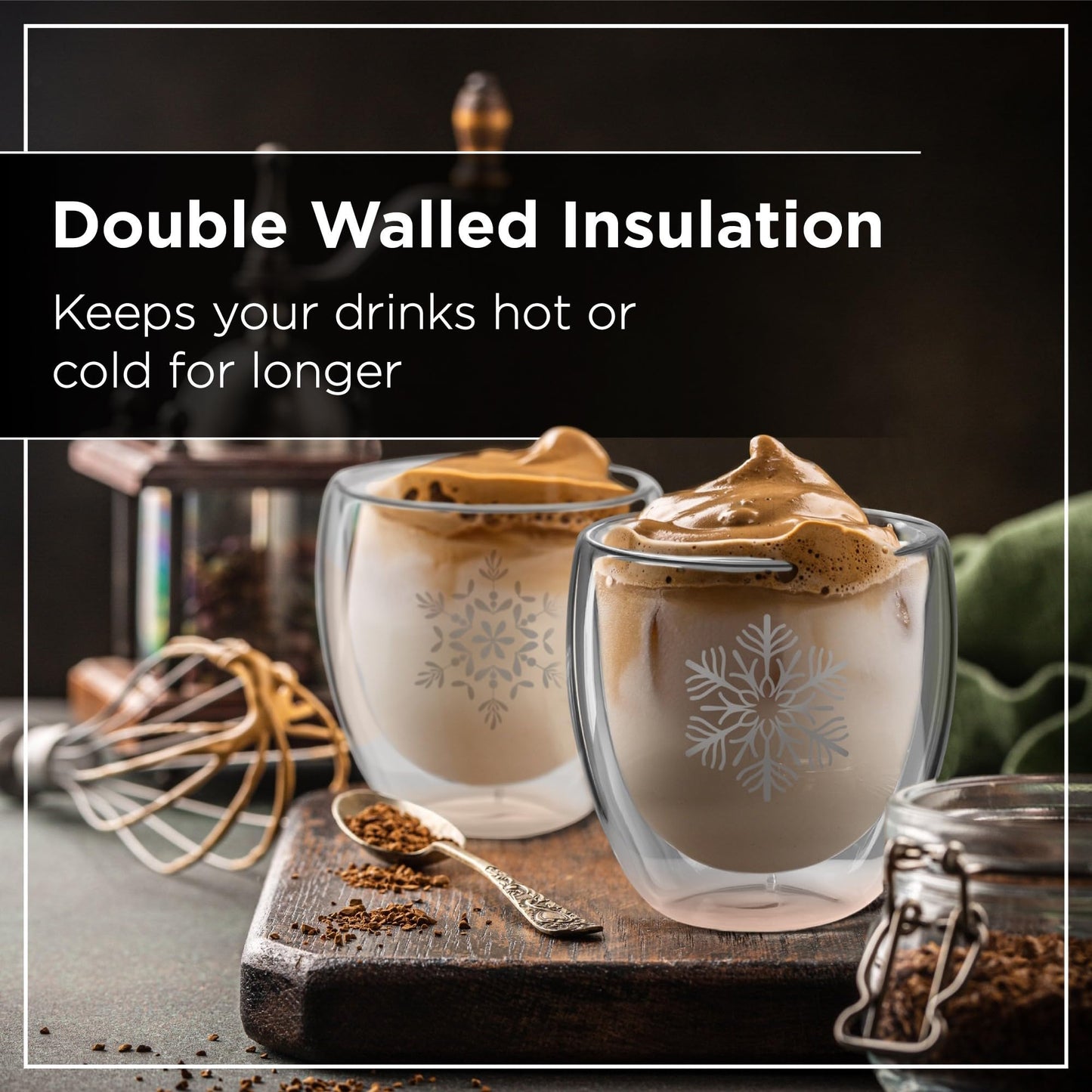 Premium Mulled Wine Glasses 220ml Set of 4, Double Walled Snowflake Design 8x8cm