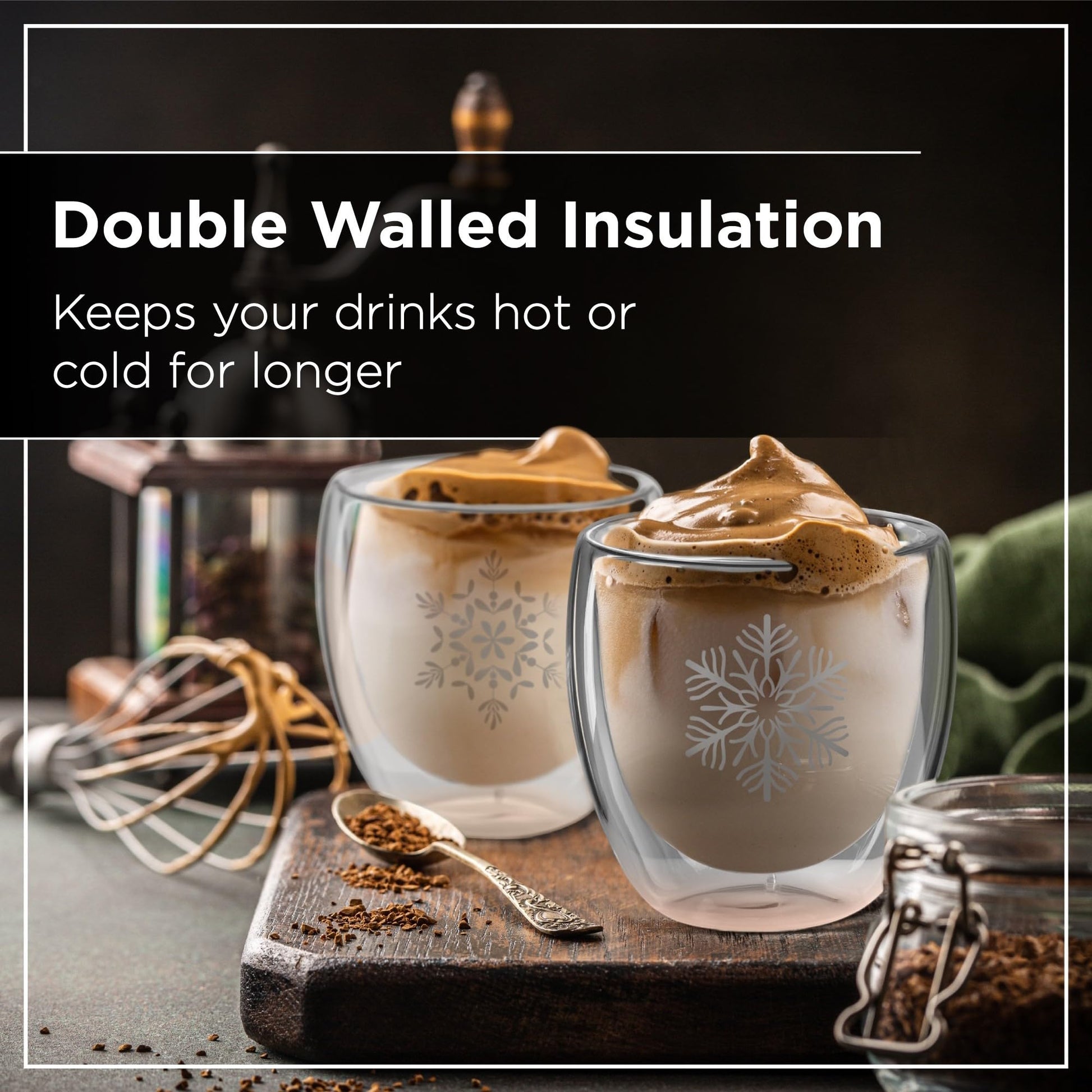 Premium Mulled Wine Glasses 220ml Set of 4, Double Walled Snowflake Design 8x8cm