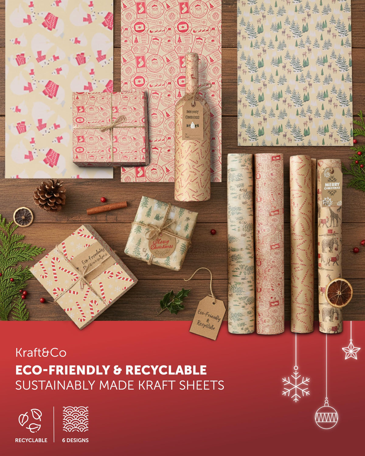 Kraft & Co Christmas Wrapping Paper 12 Sheets with Tags & Twine