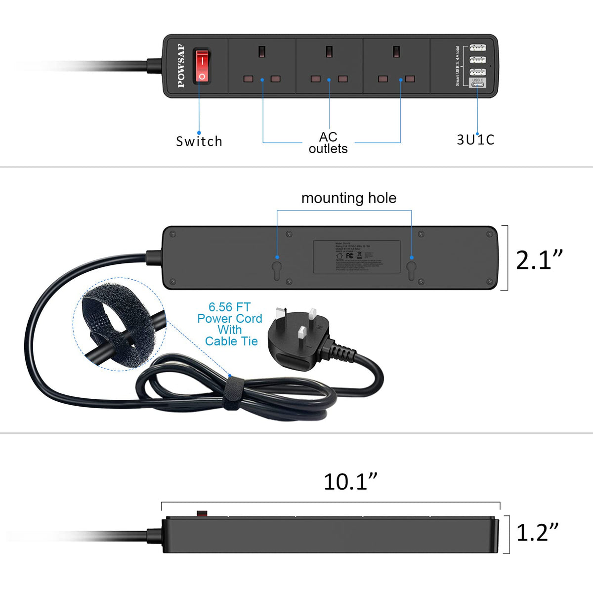 Extension Lead 2M with 4 USB Ports - Black Power Strip Extension Surge Protector