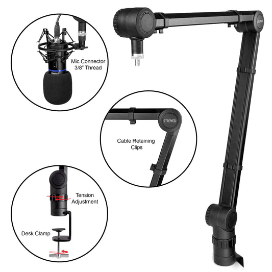 RockJam Premium Tube-Style Microphone Stand Boom Arm with Desktop Clamp