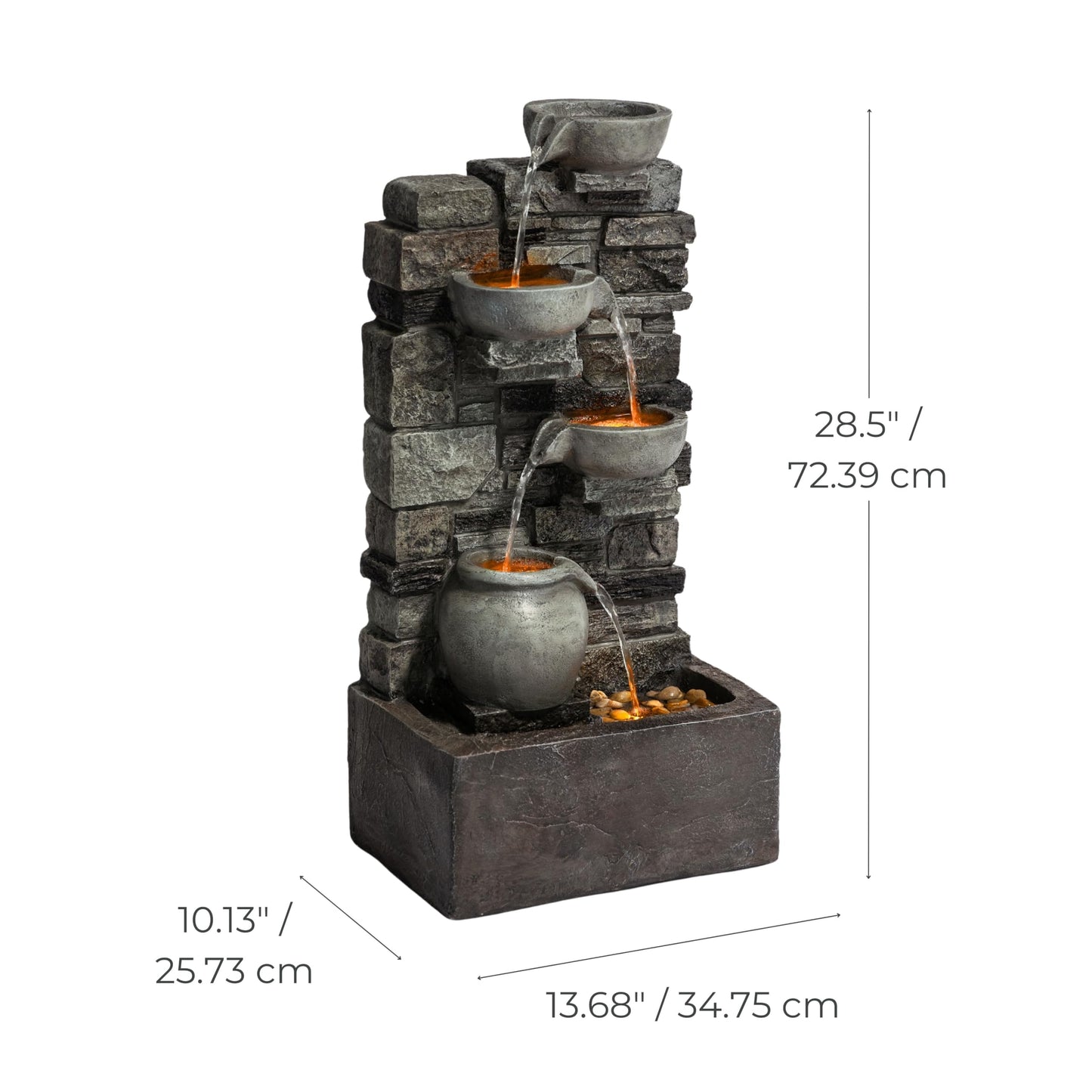 Outdoor 4-Tier Stacked Stone Cascading Water Fountain LED Rustic Grey