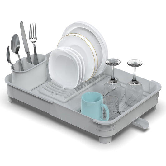 Extendable Dish Drainer Rack with Cutlery Holder in Grey by Vivo, Fits all Sinks
