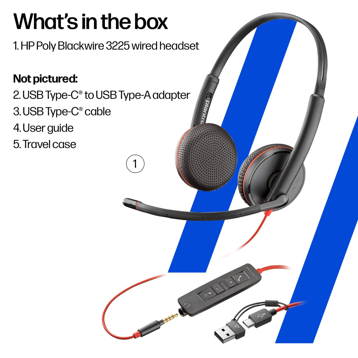 Poly Blackwire 3225 Wired Headset - Hi-Fi Stereo Sound - Noise-Canceling Mic - Connect to PC via USB-C to USB-A Adapter or 3.5mm Jack - Over-Ear Design - Works With Top Virtual Meeting Platforms