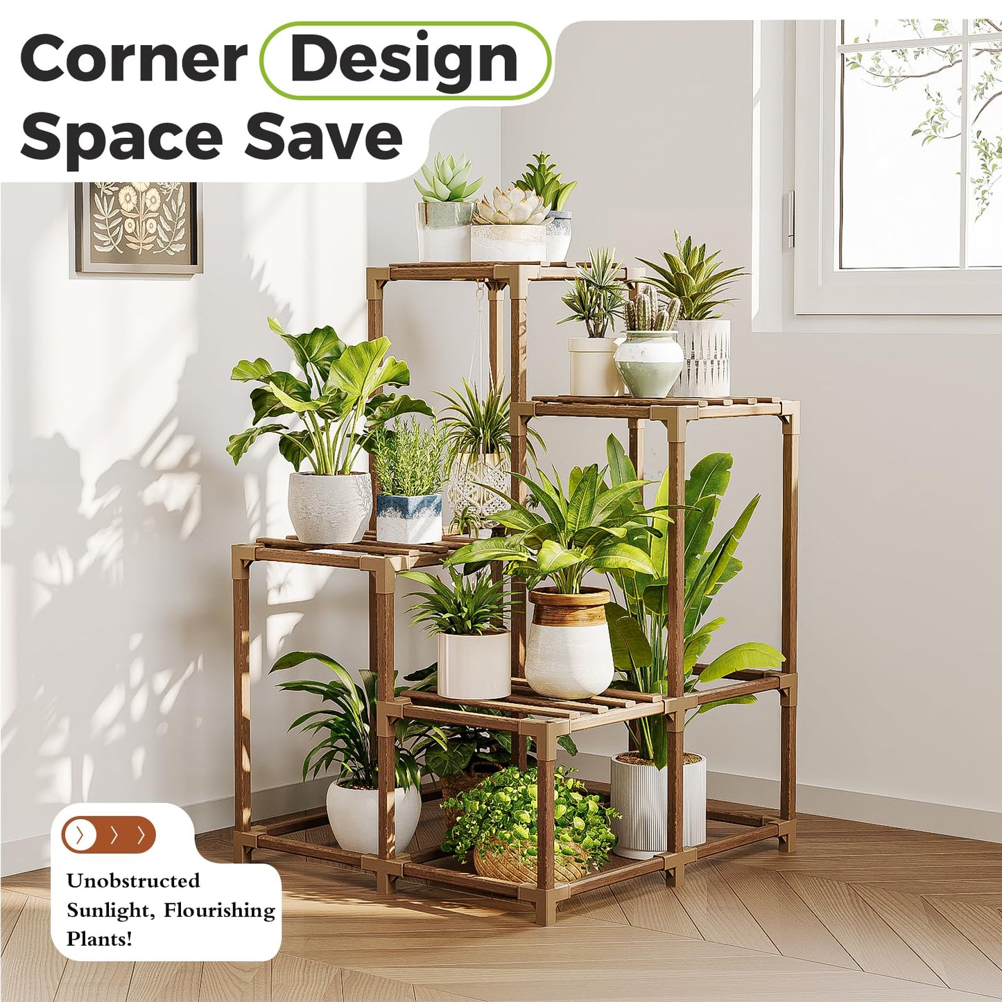 Natural Wood 4-Tier Corner Plant Stand Indoor Outdoor Shelf Rack in Brown