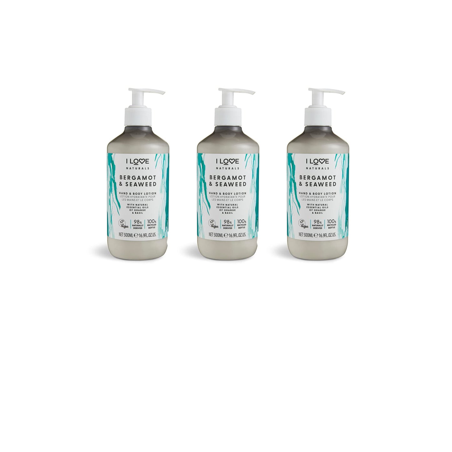 I Love Naturals Bergamot & Seaweed Hand & Body Lotion 3 x 500ml with Natural Essential Oils