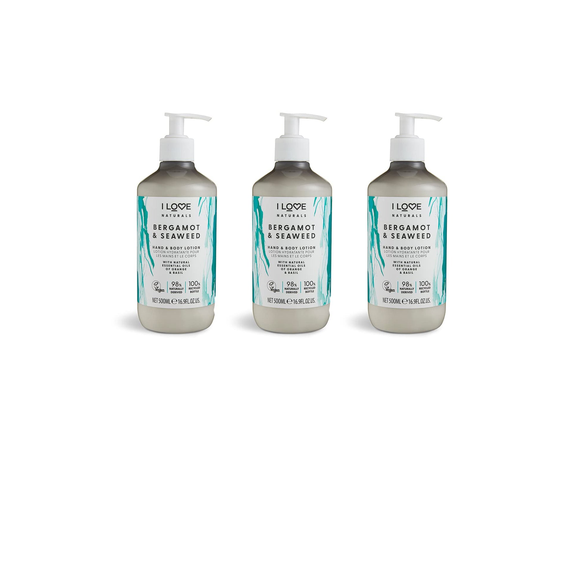 I Love Naturals Bergamot & Seaweed Hand & Body Lotion 3 x 500ml with Natural Essential Oils