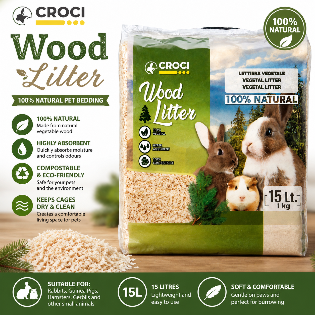 Croci Wood Litter Natural Unscented Shavings Rodent Bedding 1kg - 15L x4 Pack