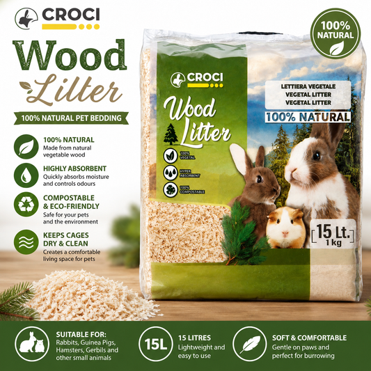 Croci Wood Litter Natural Unscented Shavings Rodent Bedding 1kg - 15L x4 Pack