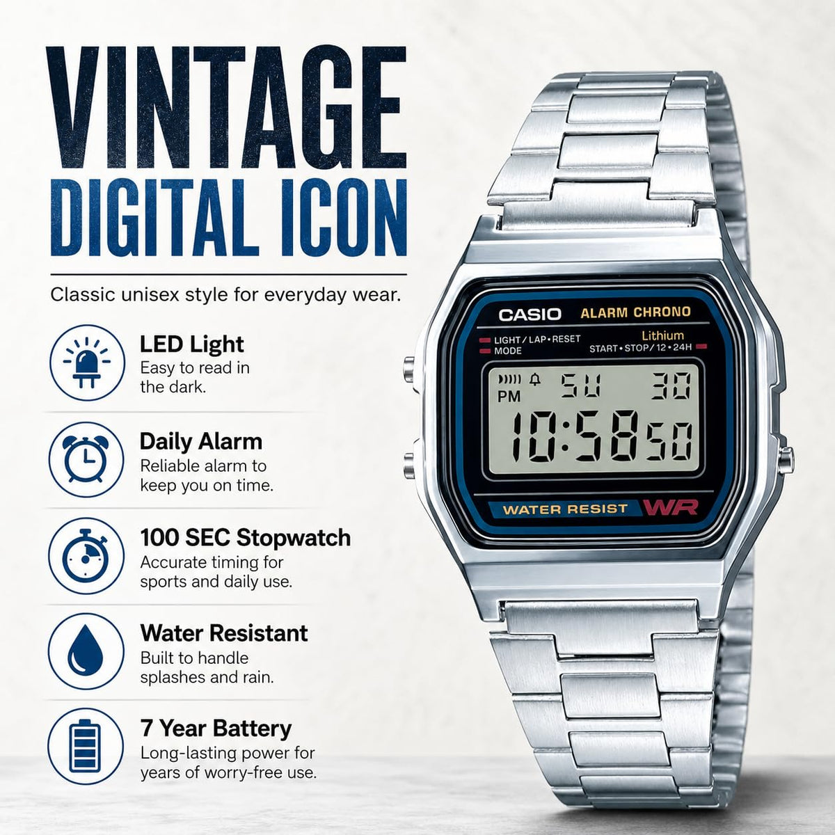 Casio Men's Digital Watch Stainless Steel Bracelet A158WEA-1EF