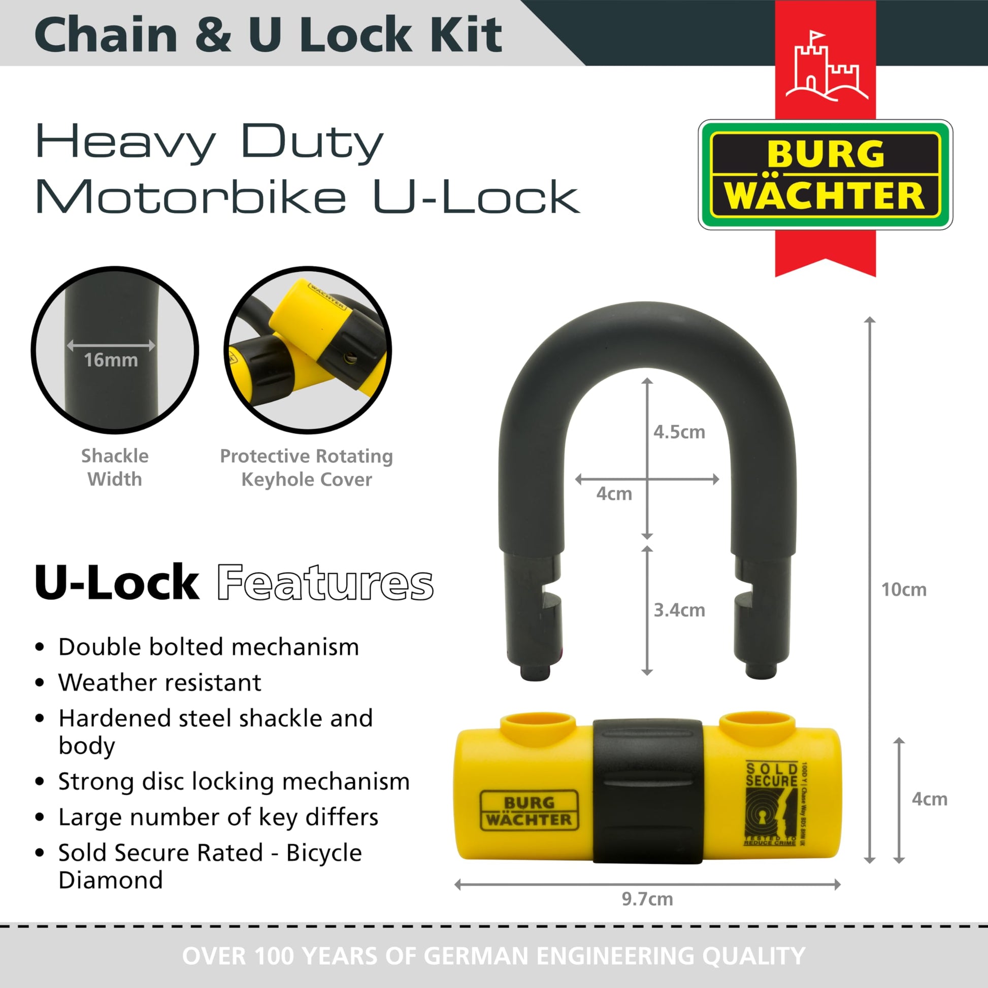 Burg Wachter Sold Secure Gold 12mm 2M Motorbike Chain Lock Kit