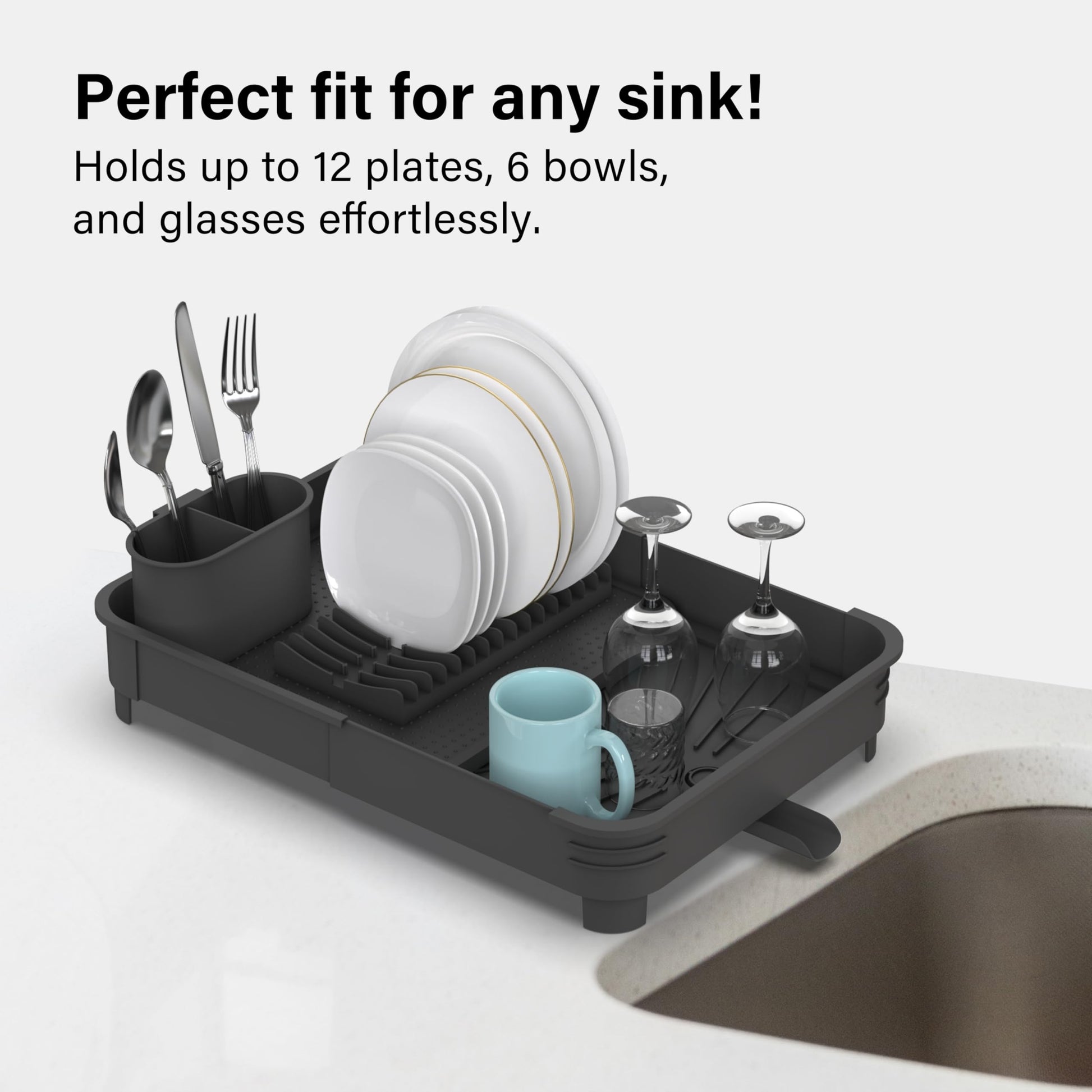 Extendable Dish Drainer Rack with Cutlery Holder - Black, Vivo Technologies