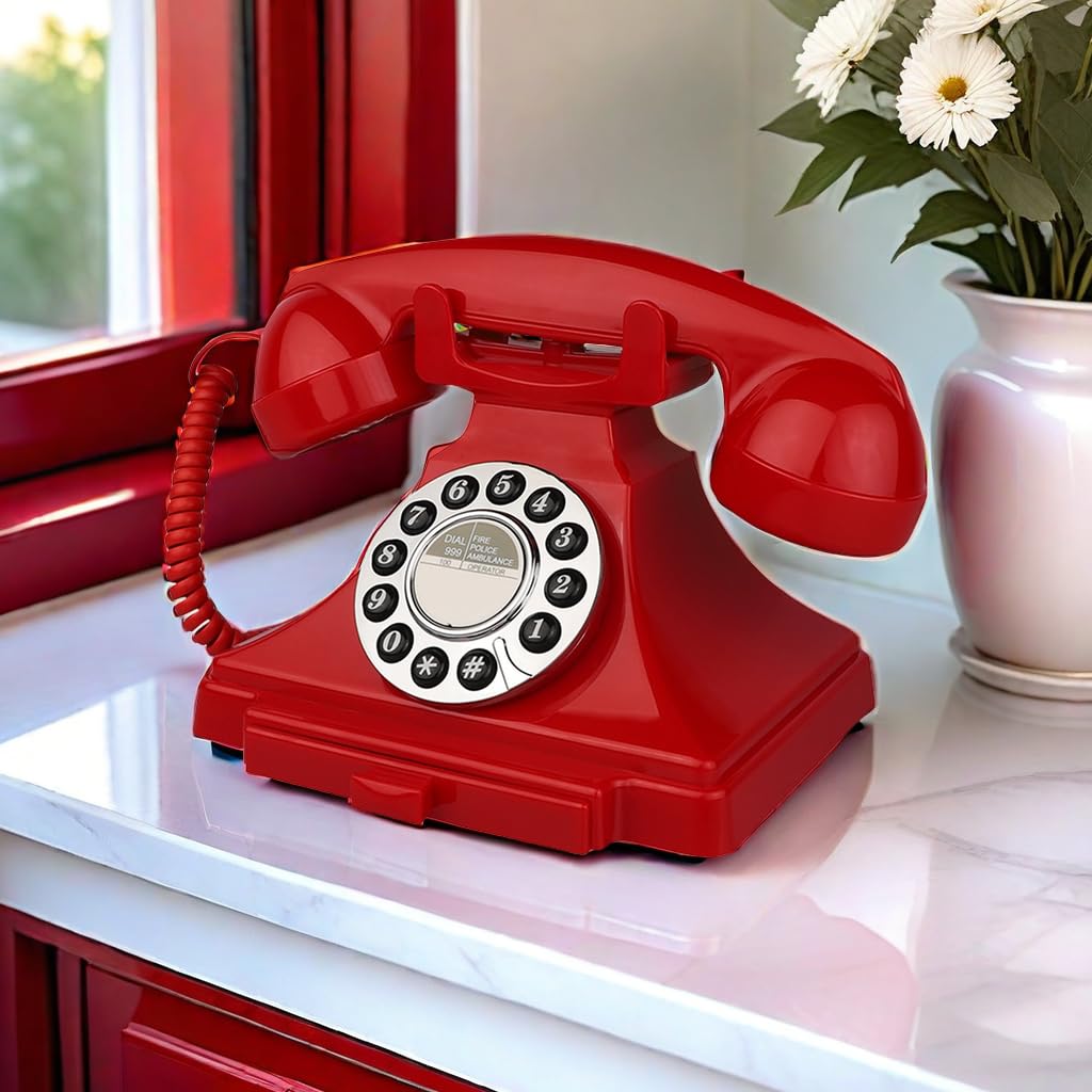 Artisam Retro Corded Telephone – Red Classic Landline Phone for Home & Office