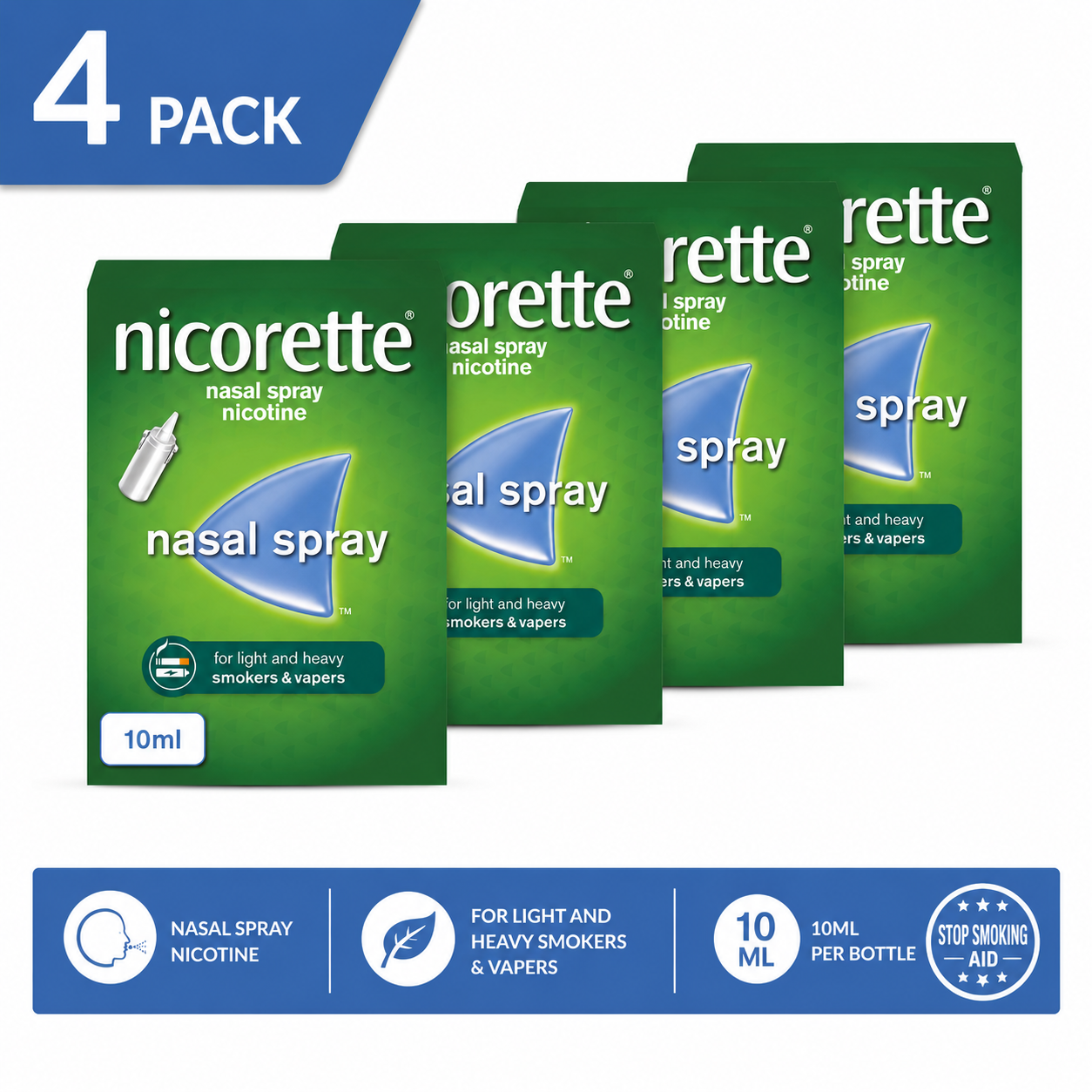 Nicorette Nasal Spray 10ml x4 Pack Bundle - Fast-Acting Nicotine Relief, Stop Smoking Aid