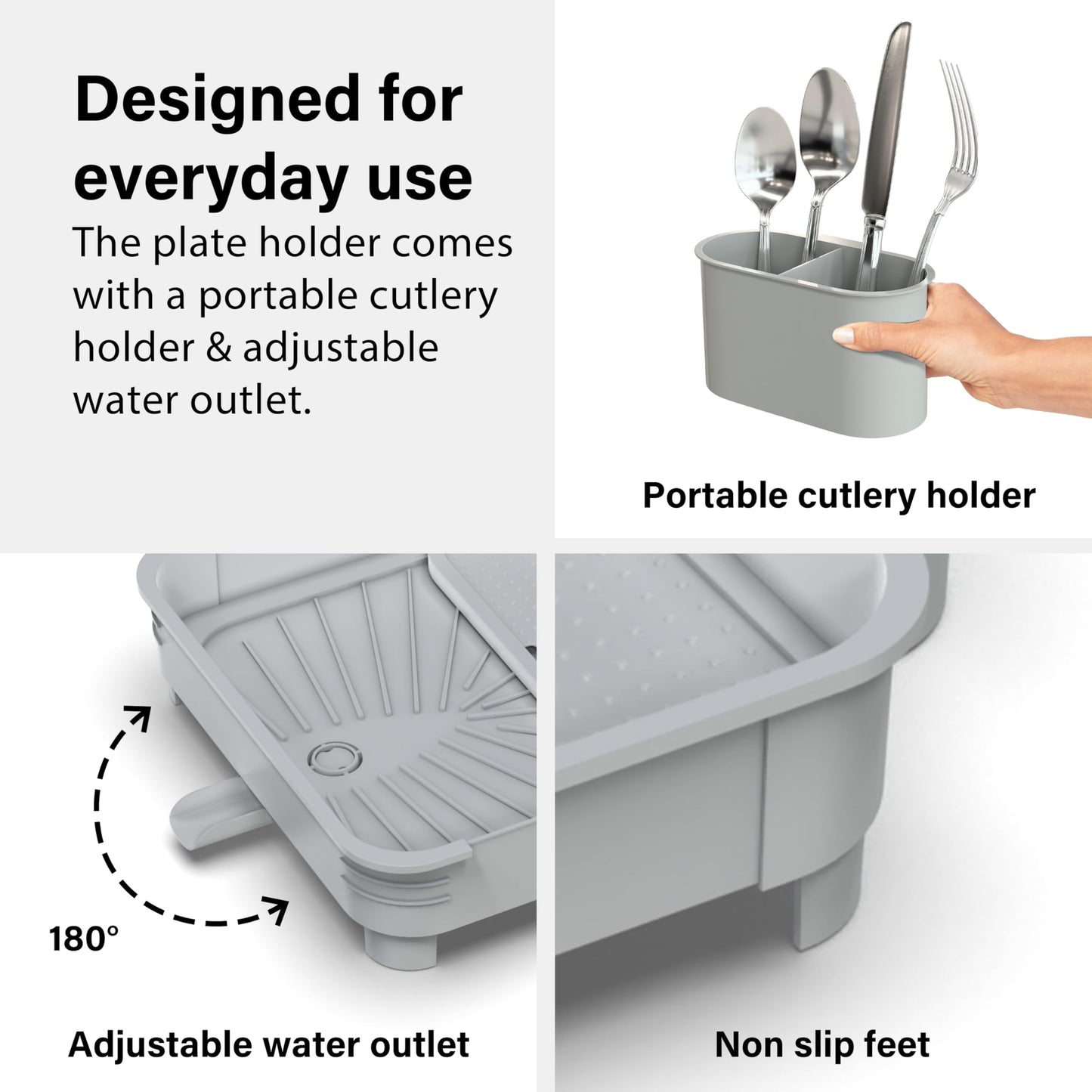 Extendable Dish Drainer Rack with Cutlery Holder in Grey by Vivo, Fits all Sinks