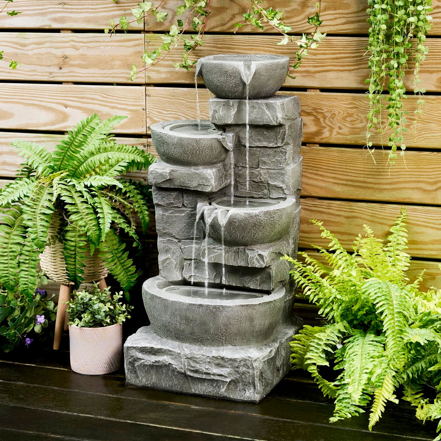 Cascading Bowls & Stacked Stone Outdoor Water Fountain with LED Light in Grey