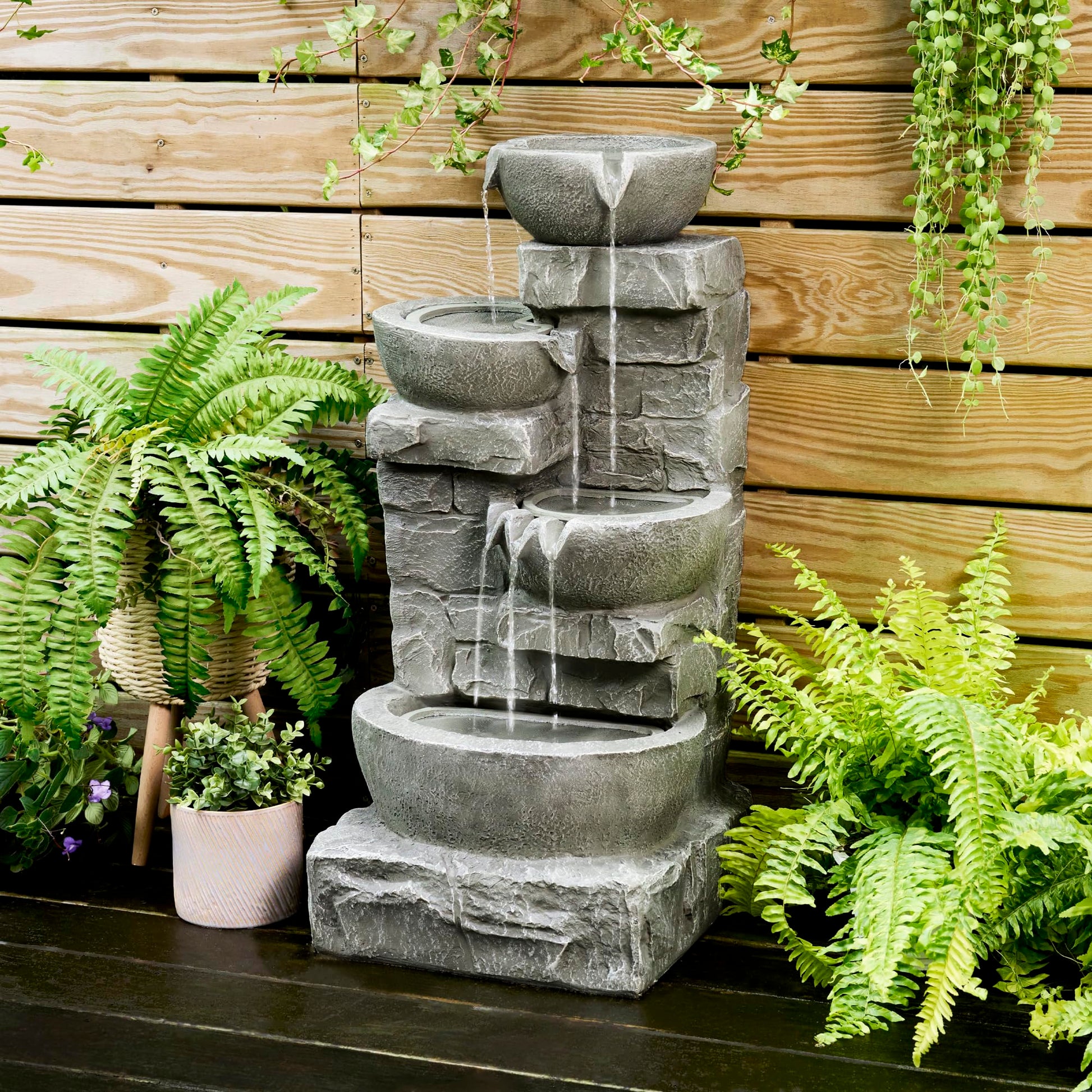Cascading Bowls & Stacked Stone Outdoor Water Fountain with LED Light in Grey