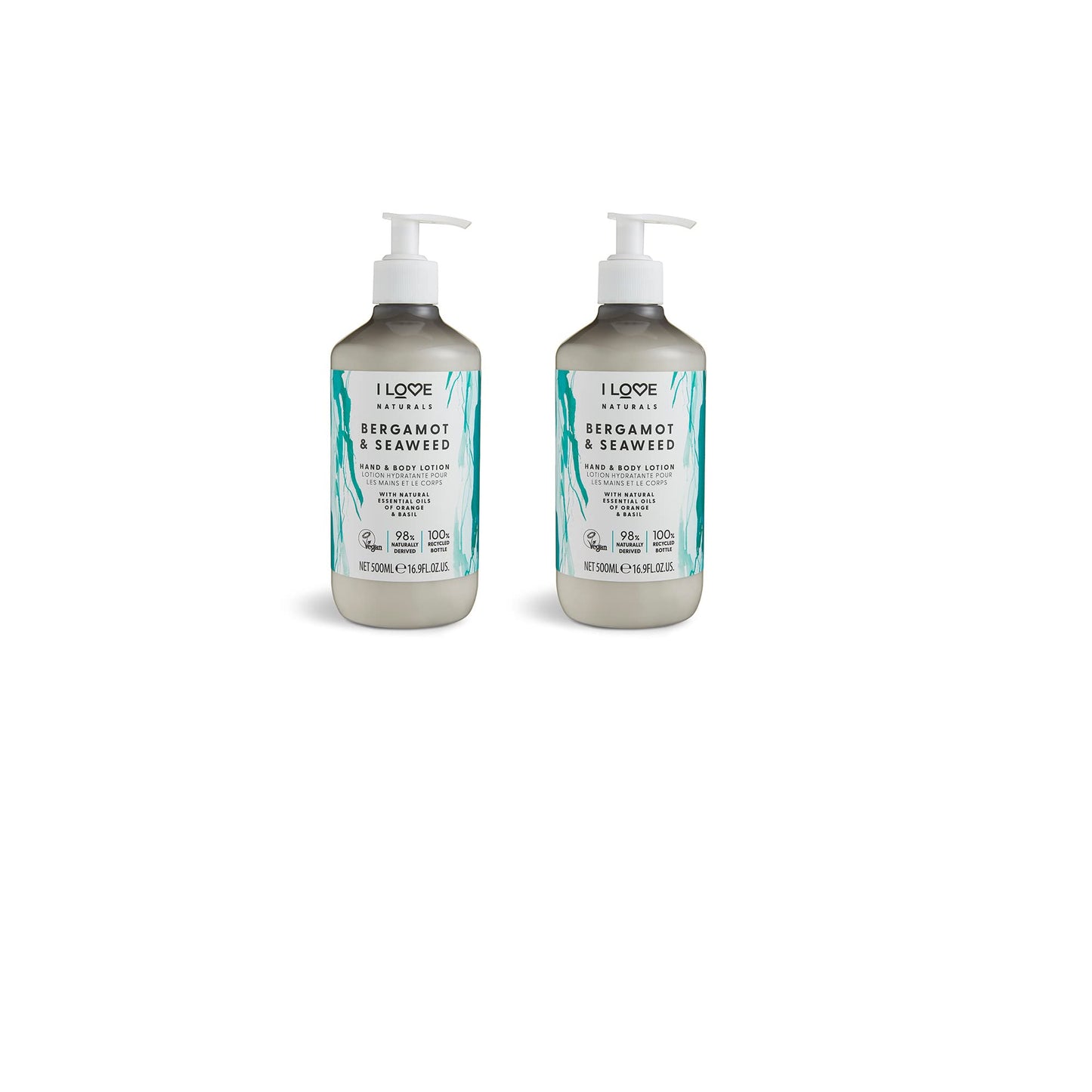 I Love Naturals Bergamot & Seaweed Hand & Body Lotion 2 x 500ml with Natural Essential Oils