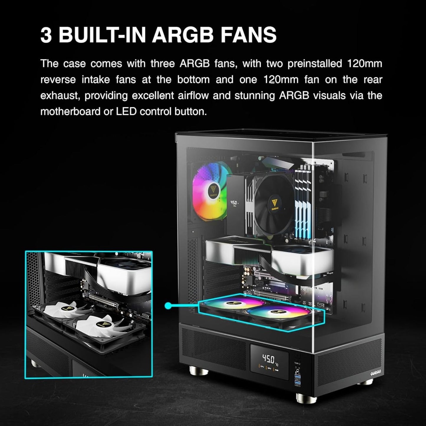 GAMDIAS Atlas E1 ATX Mid-Tower Gaming Case 3 x 120mm ARGB Fans