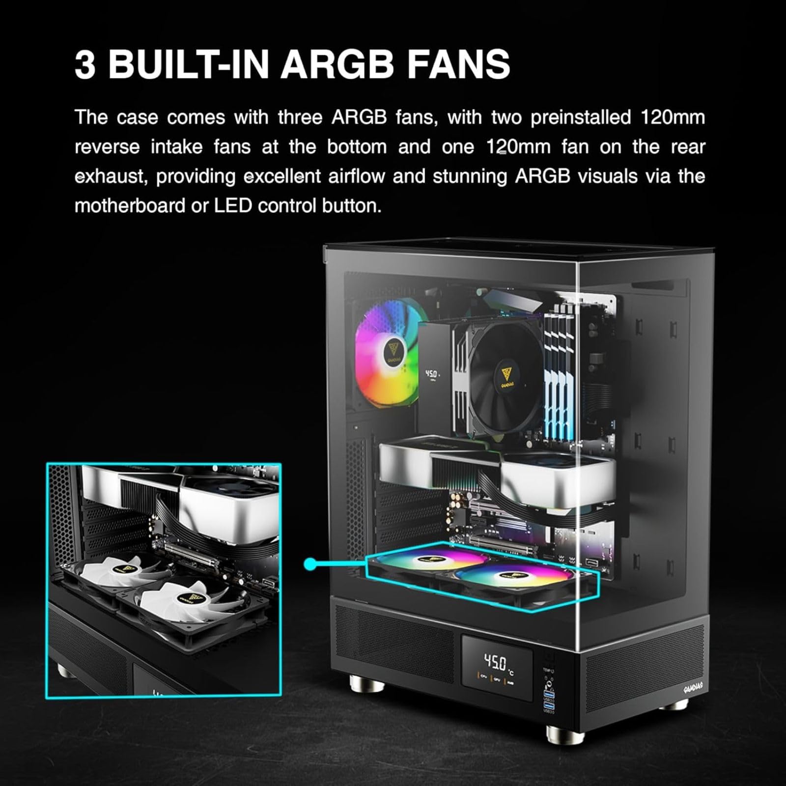 GAMDIAS Atlas E1 ATX Mid-Tower Gaming Case 3 x 120mm ARGB Fans
