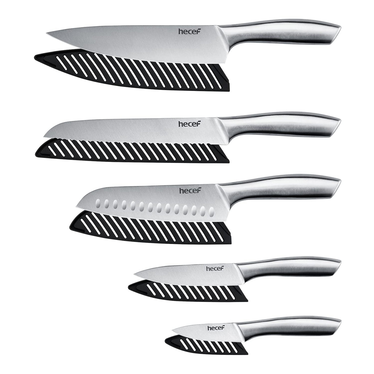hecef Premium Kitchen Knife Set of 5 - Chef, Bread, Santoku & Paring Knifes