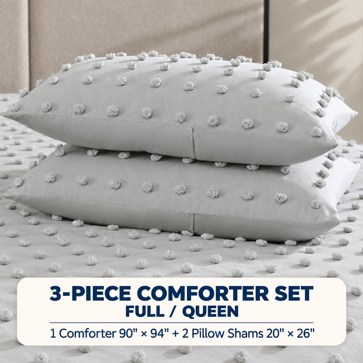 Swift Home Full/Queen Gray Comforter Set - 3 Piece Tufted Pom Poms
