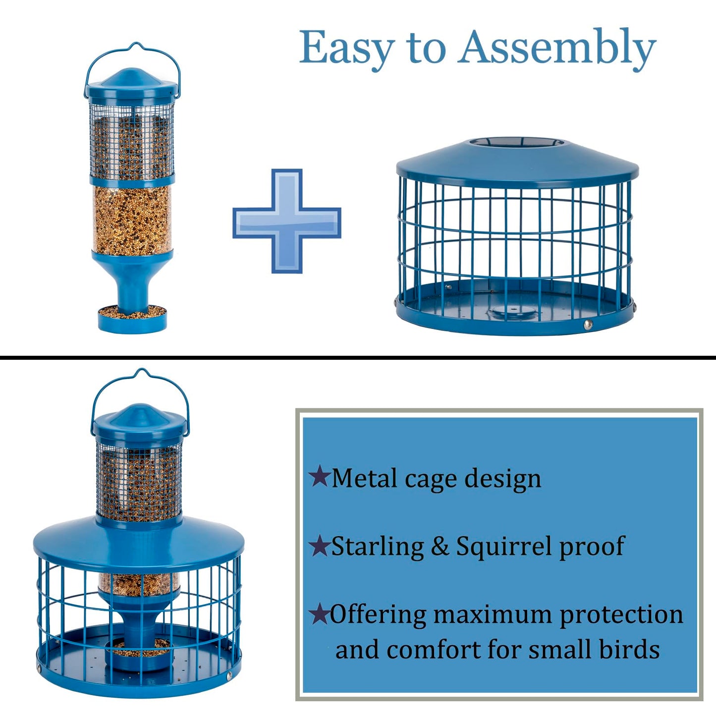 Squirrel-Proof Metal Bird Seed Feeder 1.3kg Capacity Blue Outdoor Hanging Wild-bird Tray