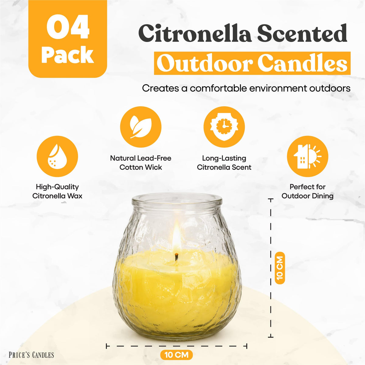 Price's Candles Citronella Glo-Lite Glass Candle Jar 4x Pack, Long Burning Garden Candle