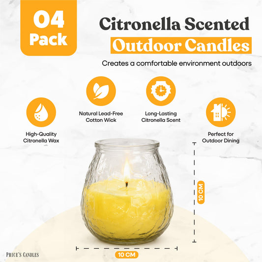 Price's Candles Citronella Glo-Lite Glass Candle Jar 4x Pack, Long Burning Garden Candle