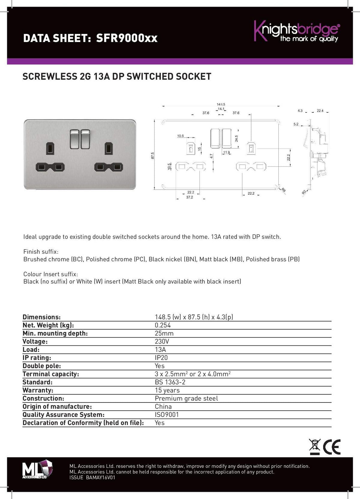 Knightsbridge Screwless 2G 13A DP Switched Socket Polished Brass