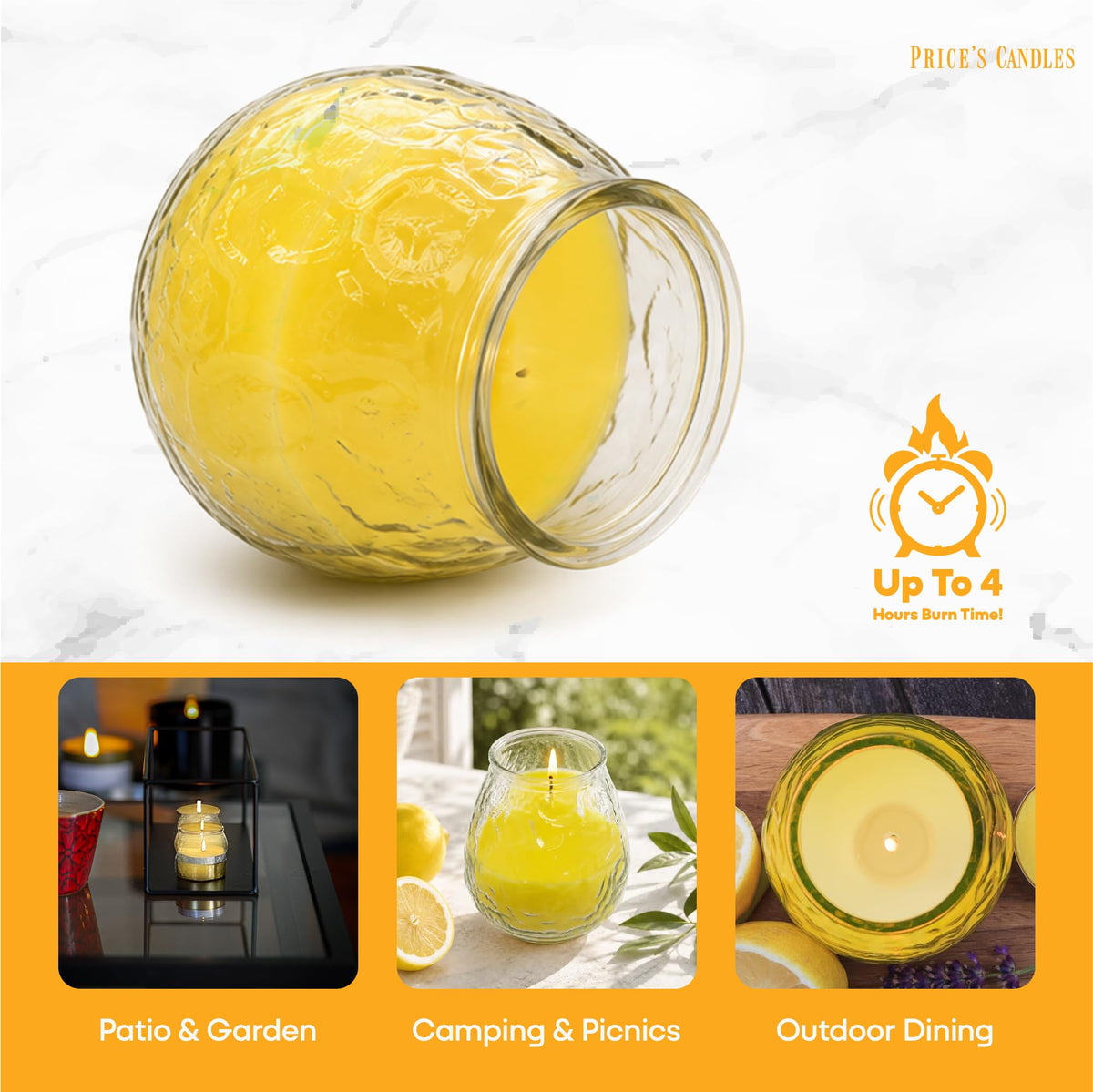 Price's Candles Citronella Glo-Lite Glass Candle Jar 4x Pack, Long Burning Garden Candle