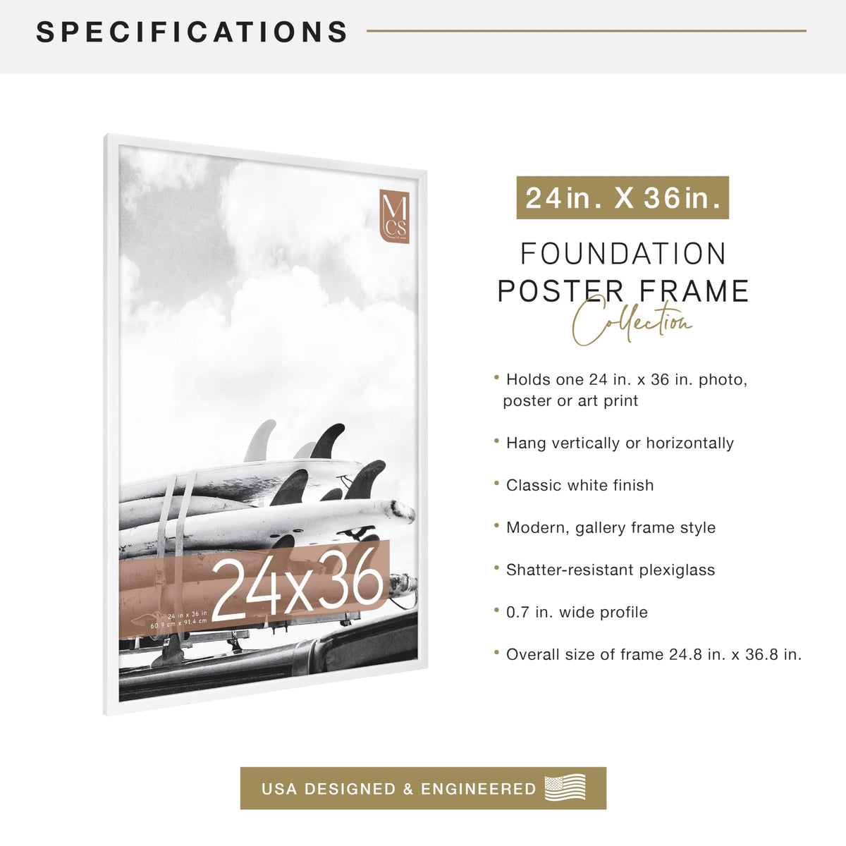 MCS Gallery Foundation 24x36 Poster Frame White, Vertical & Horizontal Wall Hanging Large Picture Frame for Photos, Posters & Art Prints