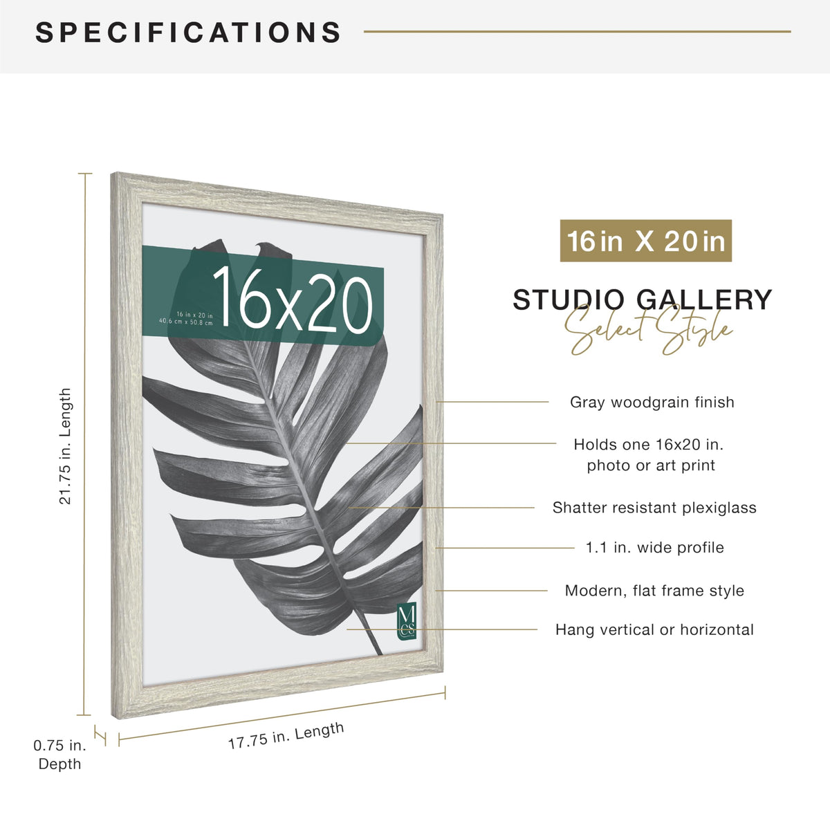 MCS Studio Gallery Frame Gray Woodgrain 16 x 20 Inch Premium Rectangular Photo-Frame