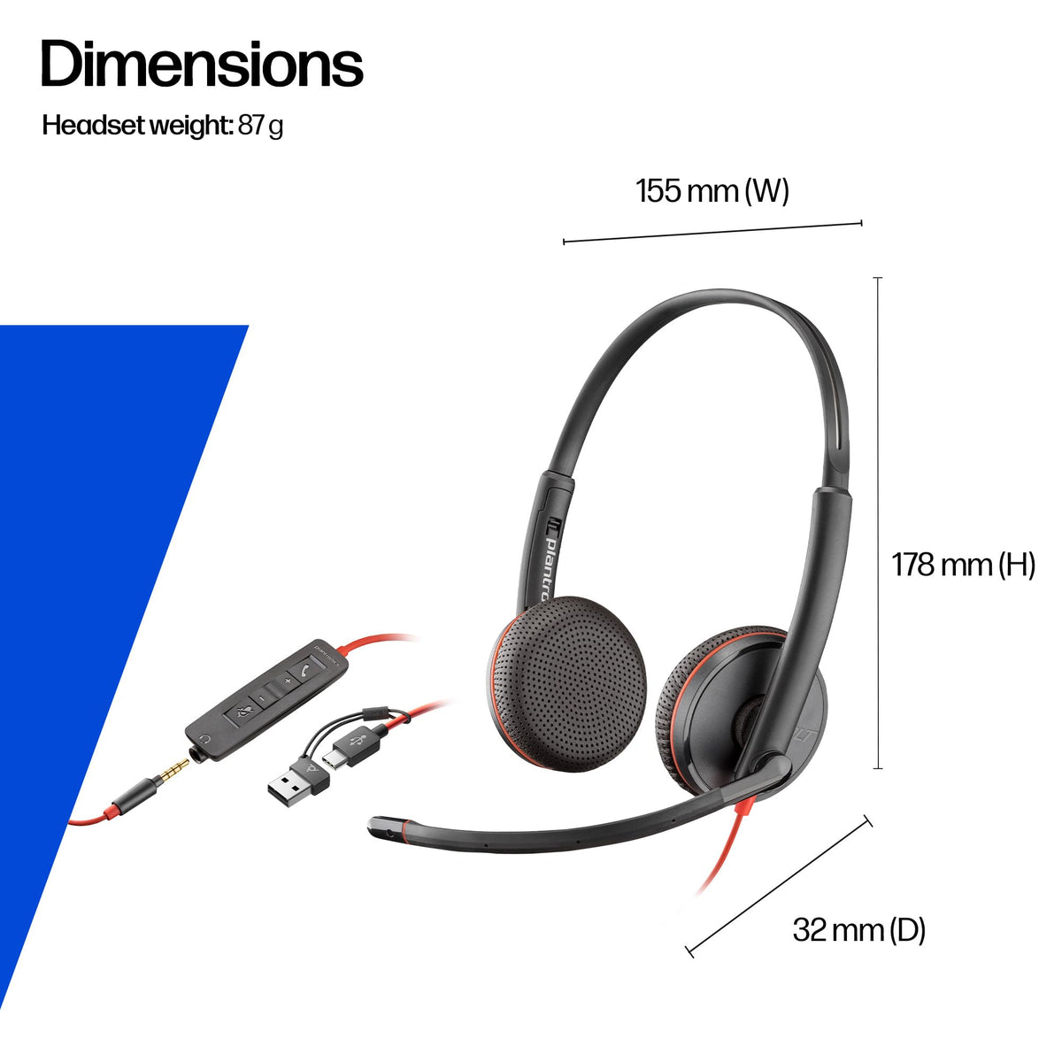 Poly Blackwire 3225 Wired Headset - Hi-Fi Stereo Sound - Noise-Canceling Mic - Connect to PC via USB-C to USB-A Adapter or 3.5mm Jack - Over-Ear Design - Works With Top Virtual Meeting Platforms