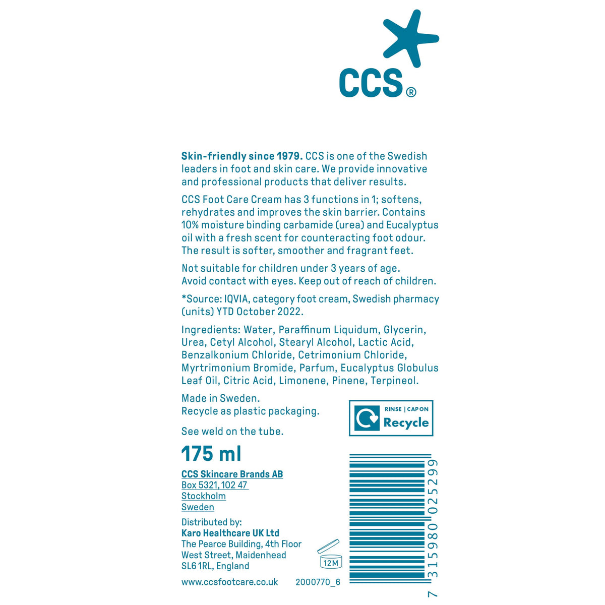 CCS Professional Foot Care Cream 175 ml x6 Pack - Moisturise, Protect Dry & Callused Feet, Contains 10% Urea & Eucalyptus Oil
