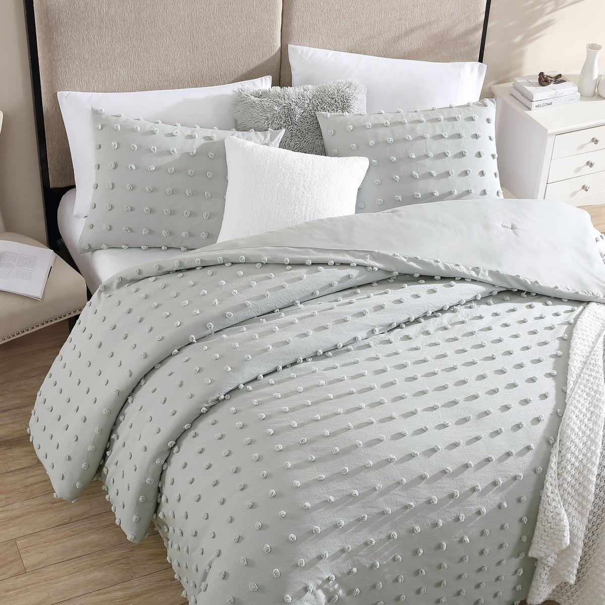 Swift Home Full/Queen Gray Comforter Set - 3 Piece Tufted Pom Poms