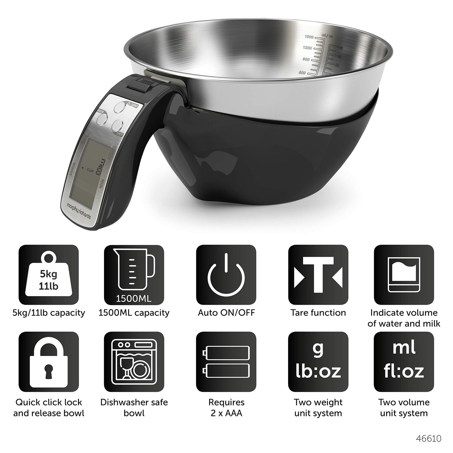 Morphy Richards 3 in 1 Digital Kitchen Scales with Jug in Black