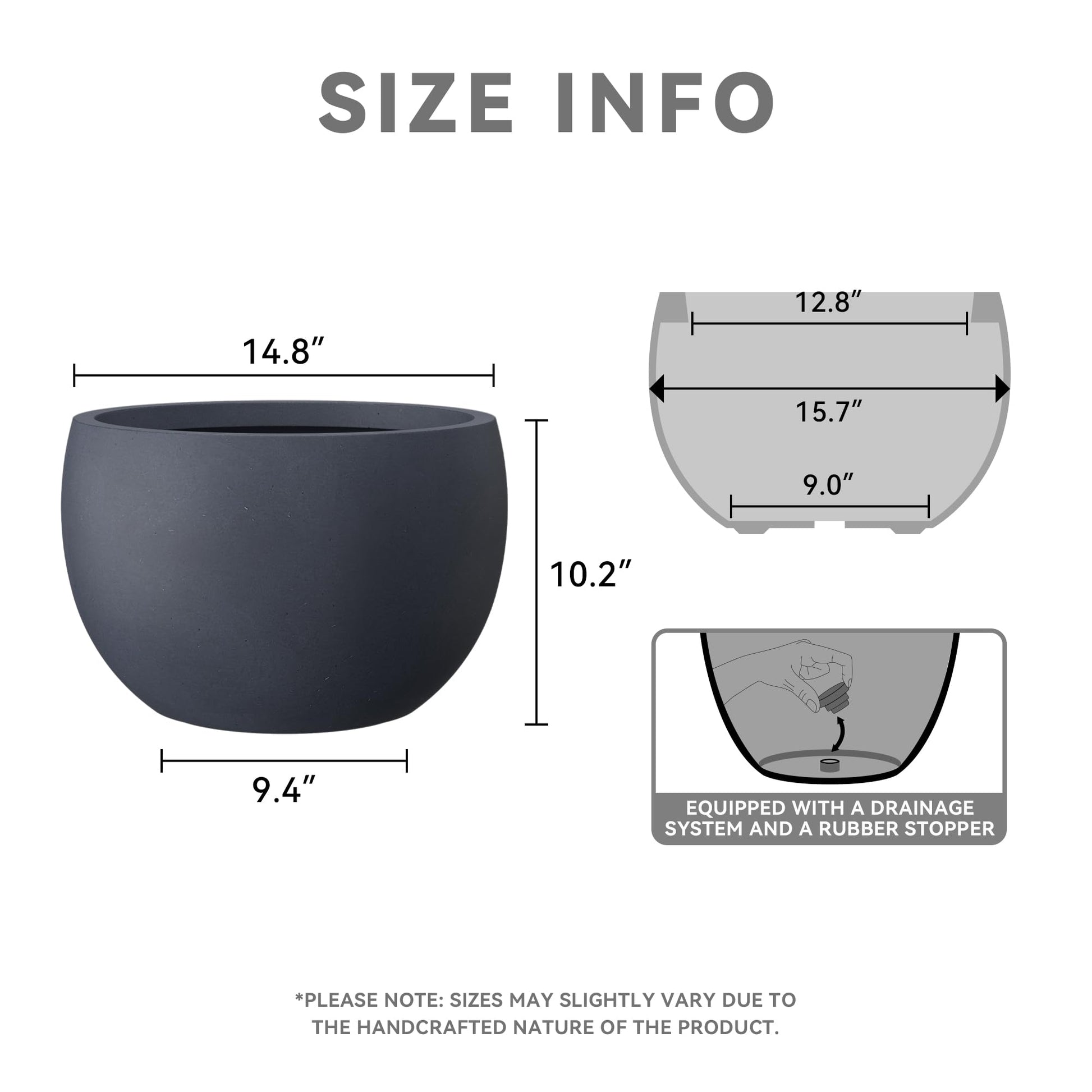 Large Concrete Planter in Charcoal 15.7 Inch / 40cm Round Garden Pot