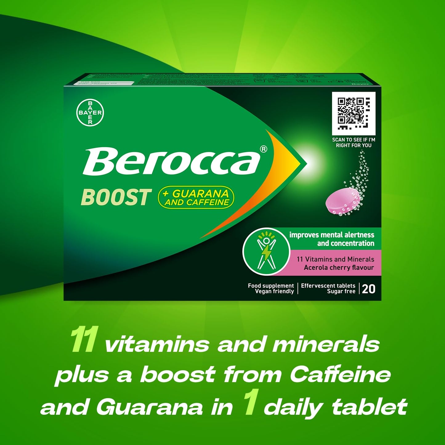 Berocca Boost Effervescent Tablets with Caffeine & Guarana, 20 Tablets - Acerola Cherry