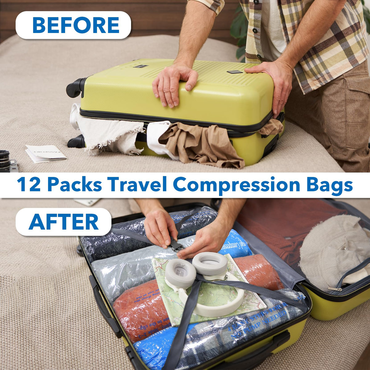 Vacuum Storage Bags 12 Pack Compression Sealer Travel Bags - Space Saver