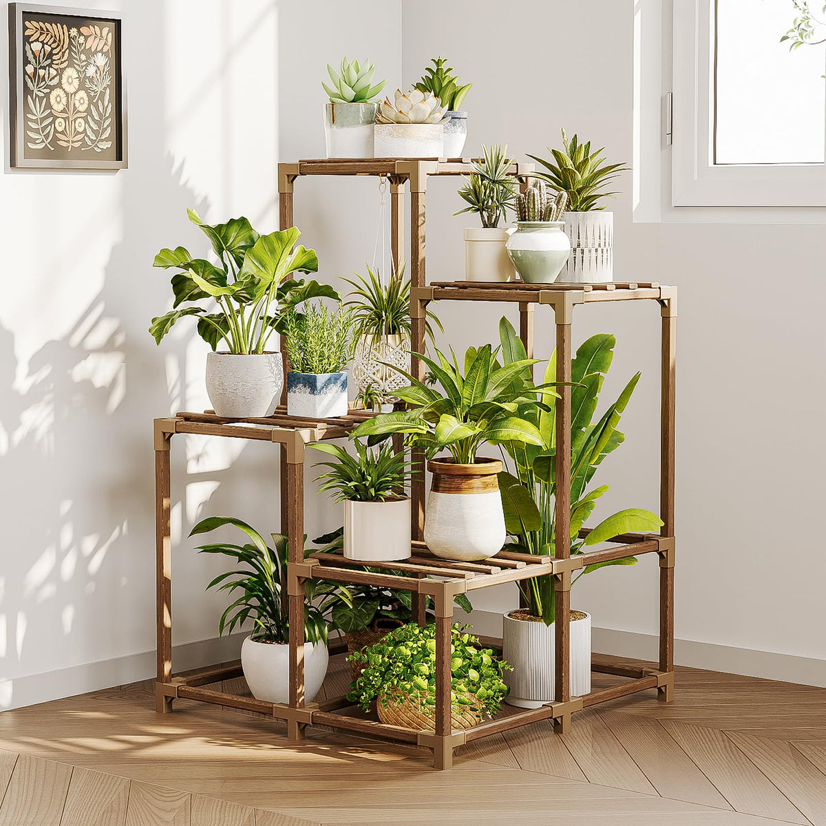 Natural Wood 4-Tier Corner Plant Stand Indoor Outdoor Shelf Rack in Brown
