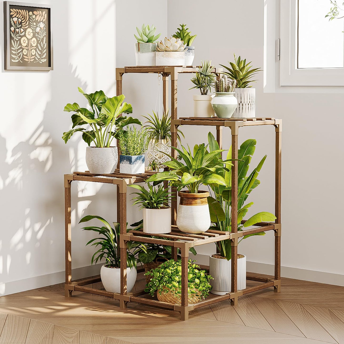 Natural Wood 4-Tier Corner Plant Stand Indoor Outdoor Shelf Rack in Brown