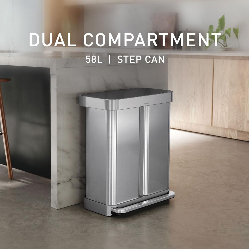 simplehuman 58L Dual Compartment Pedal Recycler Bin, Brushed Stainless Steel