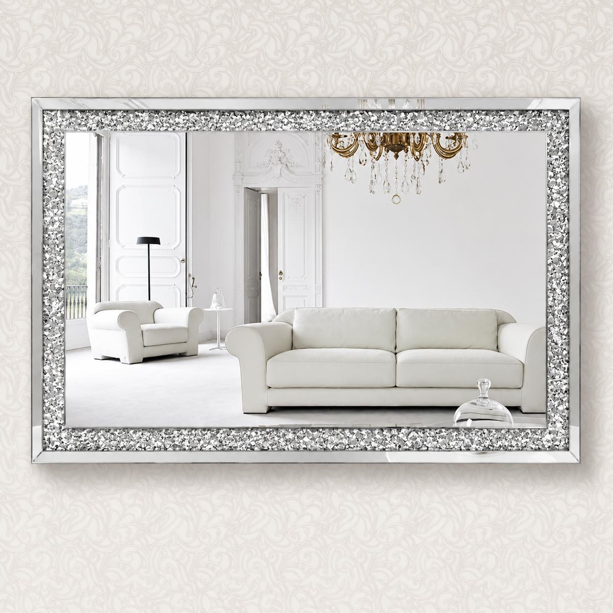 Crushed Diamond Luxury Mirror Wall Mounted 120 x 80cm Large Full Length Mirror in Silver
