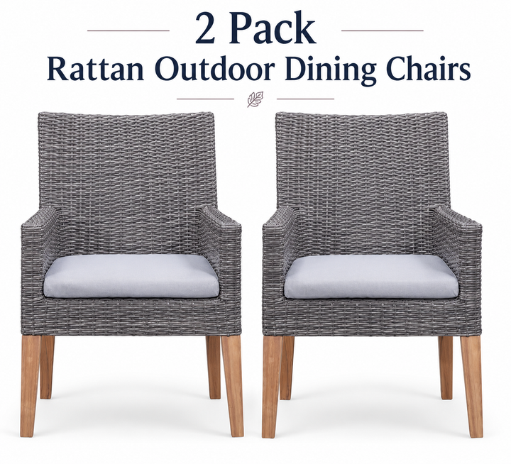 Modern Outdoor Florida Rattan Dining Chair Set of 2 in Dark Grey with Wooden Legs